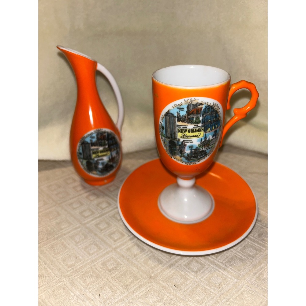 Vintage New Orleans Souvenir Set Orange Porcelain Pitcher Cup Saucer Japan 1973
